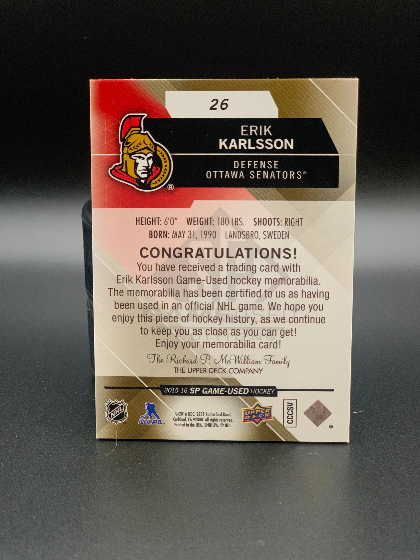 2015 Erik Karlsson SP Game Used /49