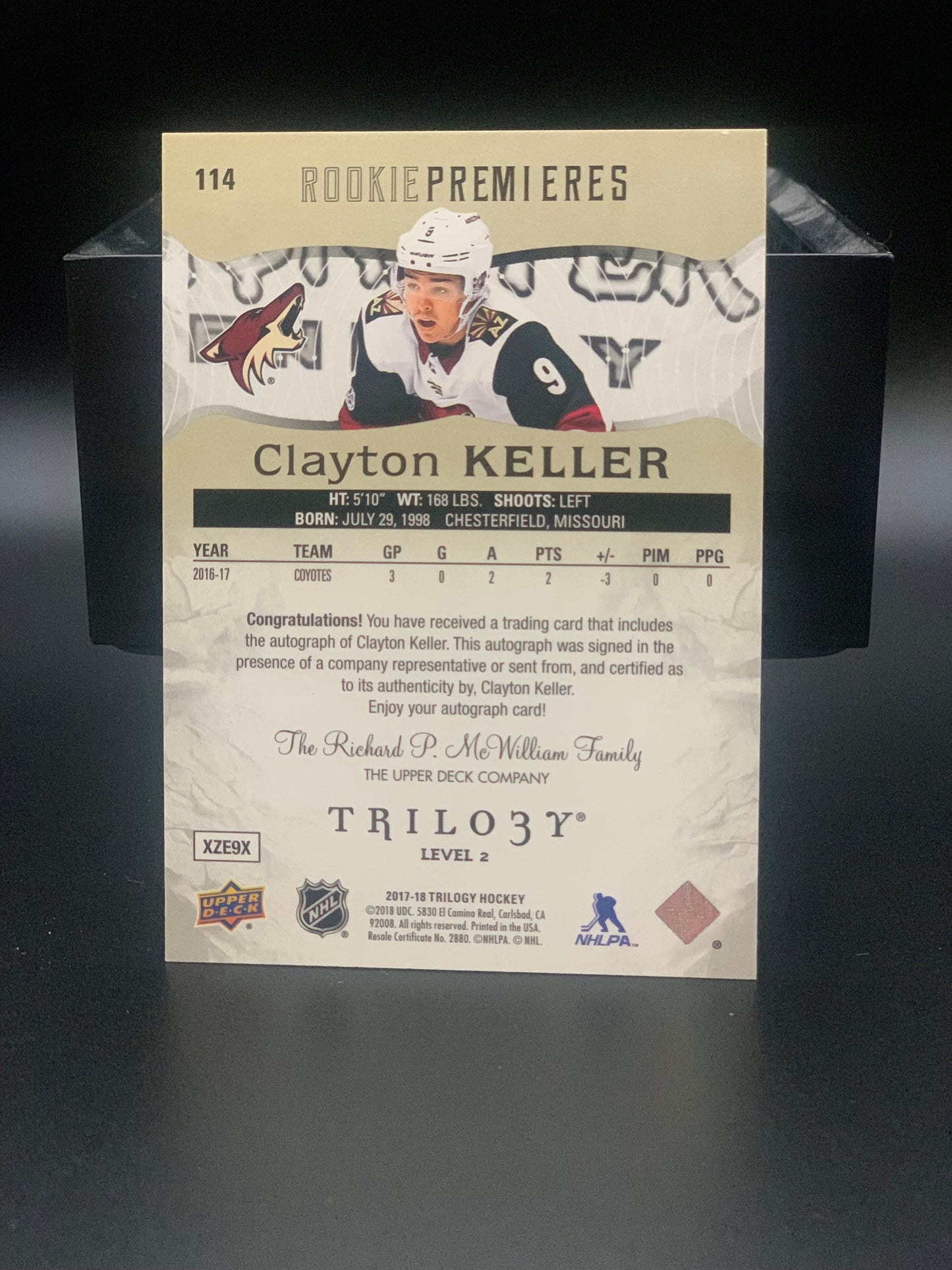 2017 Clayton Keller UD Rookie Premieres Auto /149