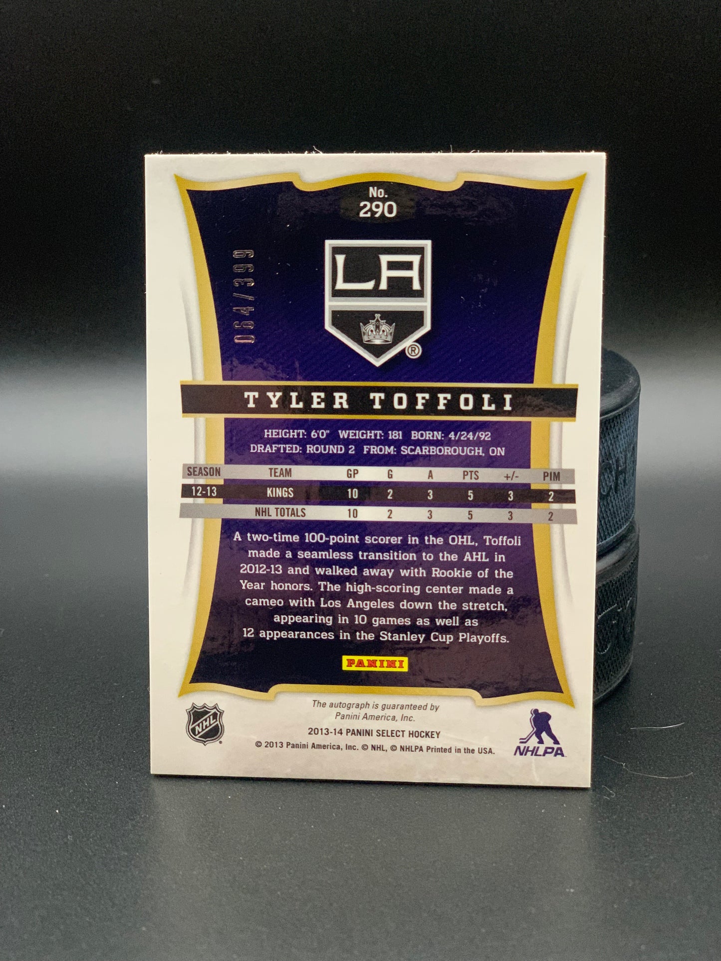 2013 Tyler Toffoli Panini Select Rookie Auto /399