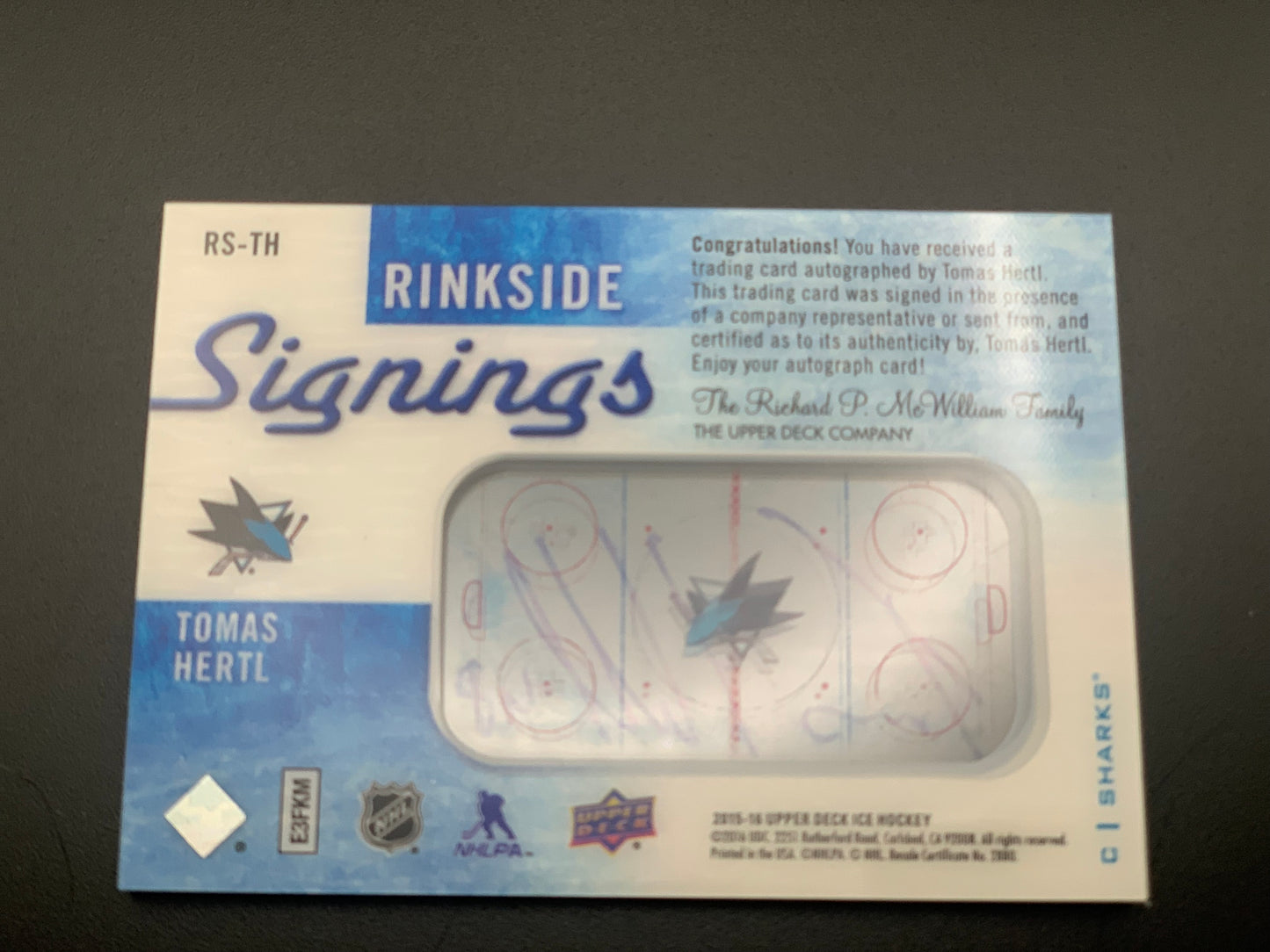 2015 Tomas Hertl Upper Deck Rink Side Signings